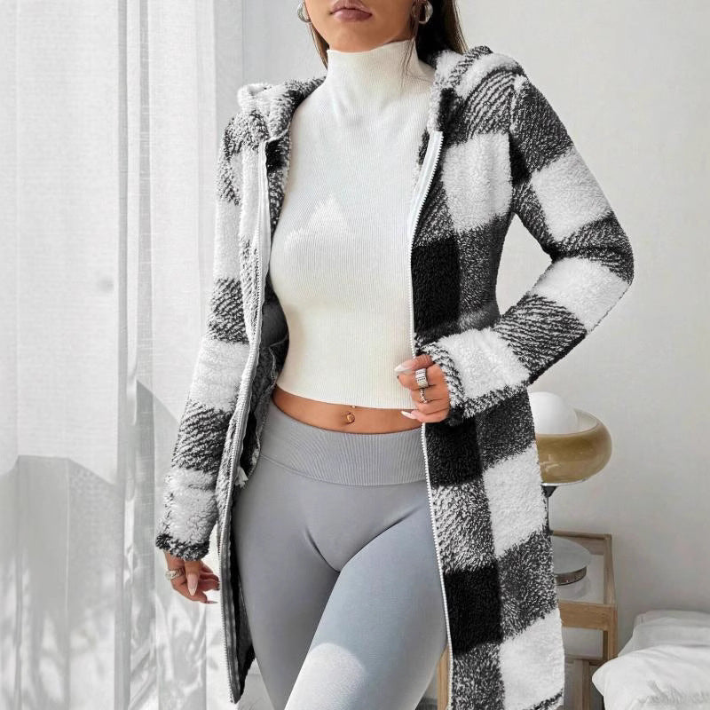 🍂🧥Karierte Kapuzenjacke für Damen mit Reißverschluss