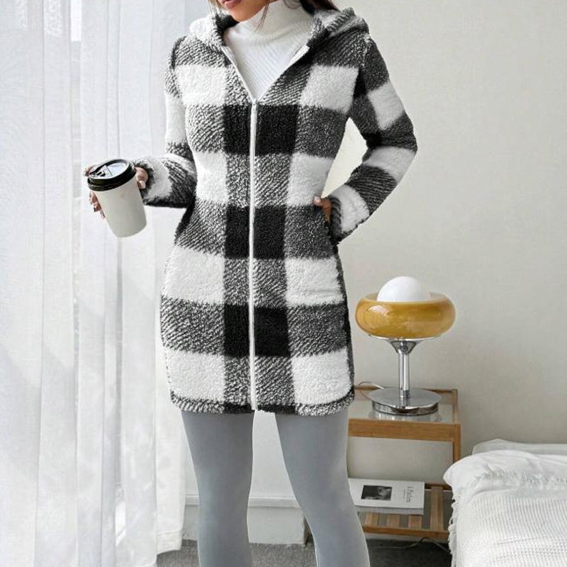 🍂🧥Karierte Kapuzenjacke für Damen mit Reißverschluss