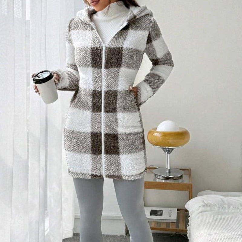 🍂🧥Karierte Kapuzenjacke für Damen mit Reißverschluss