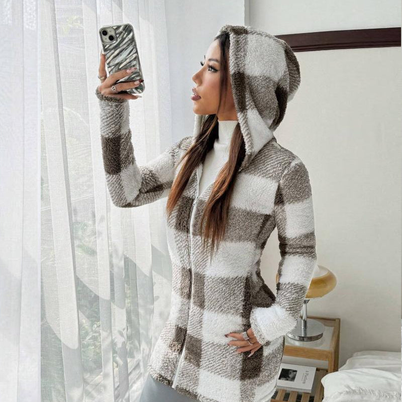 🍂🧥Karierte Kapuzenjacke für Damen mit Reißverschluss
