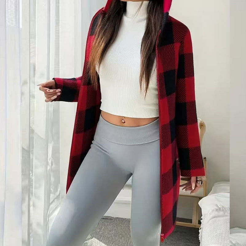 🍂🧥Karierte Kapuzenjacke für Damen mit Reißverschluss