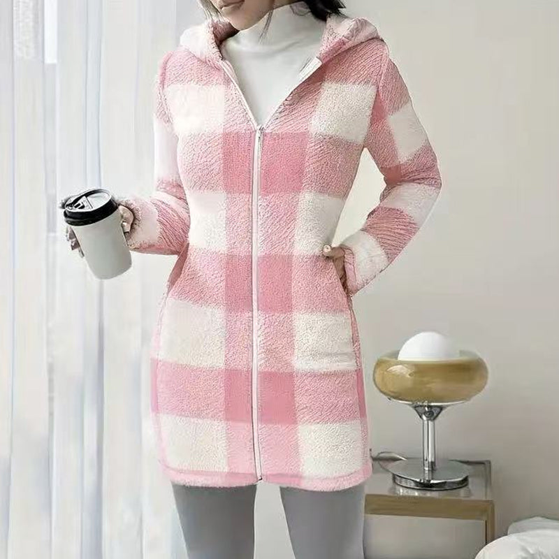 🍂🧥Karierte Kapuzenjacke für Damen mit Reißverschluss