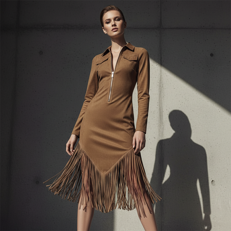 Retro-Midi-Kleid für Damen mit Reißverschluss und Quaste