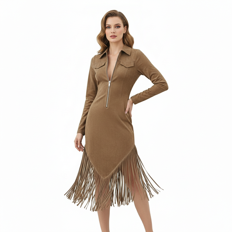 Retro-Midi-Kleid für Damen mit Reißverschluss und Quaste
