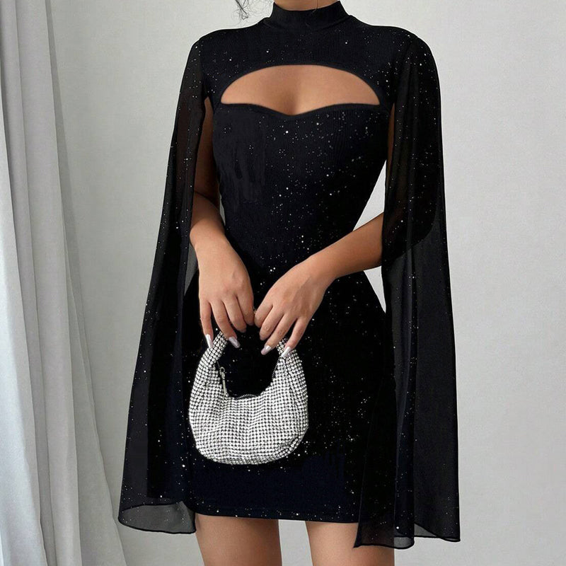 🧡 ✨Ausgeschnittenes, geripptes Kleid für Damen mit Chiffon-Cape