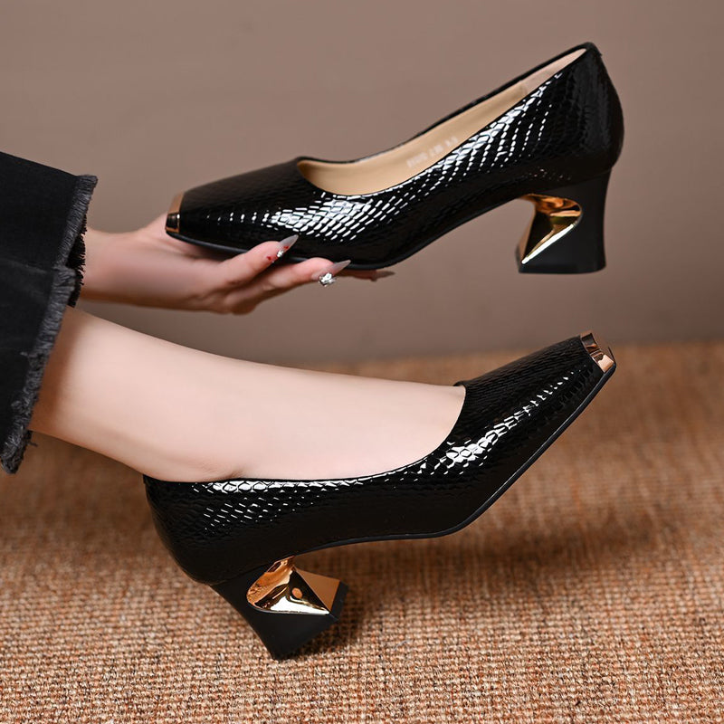 Gluschwein - 👠 Damen-Pumps mit Schlangenmuster und Blockabsatz – Quadratische Zehenpartie, Metallakzente & ganztägiger Tragekomfort ✨