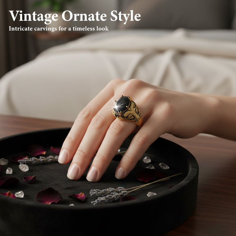 💥Kaufe 1, bekomme 1 gratis💕Vintage-gravierter schwarzer Ring mit simuliertem Edelstein