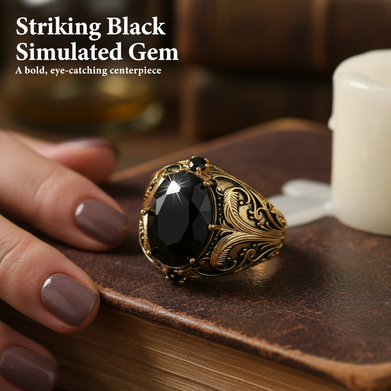 💥Kaufe 1, bekomme 1 gratis💕Vintage-gravierter schwarzer Ring mit simuliertem Edelstein
