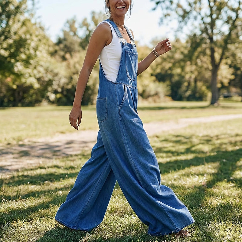 Gluschwein - Ärmellose Damen Jeans-Latzhose mit weitem Bein