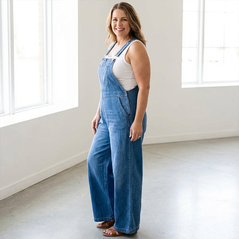 Gluschwein - Ärmellose Damen Jeans-Latzhose mit weitem Bein