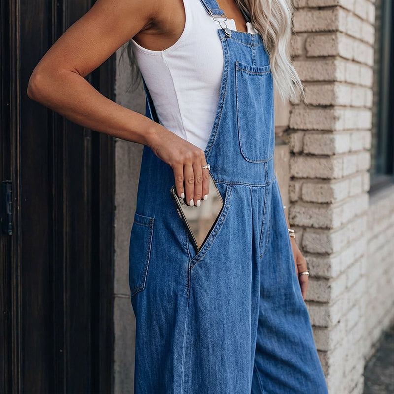 Gluschwein - Ärmellose Damen Jeans-Latzhose mit weitem Bein