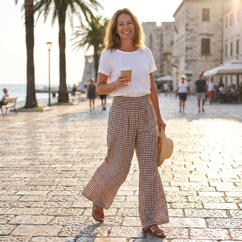⏳LETZTER TAG DES SALE – 50 % RABATT!🎁Gestreifte Gingham-Hose mit weitem Bein, hoher Taille und Taschen