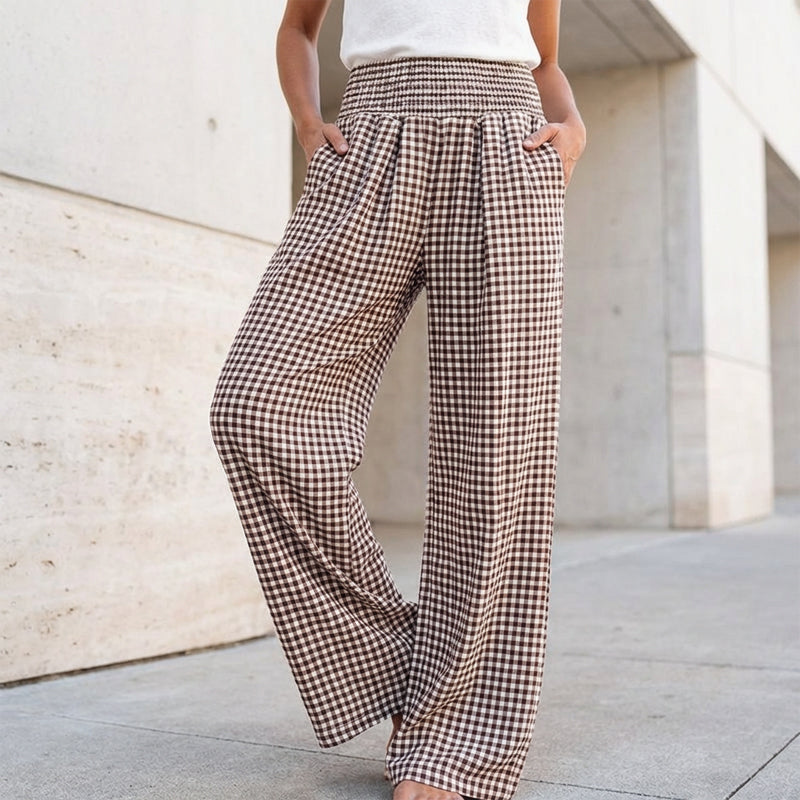 ⏳LETZTER TAG DES SALE – 50 % RABATT!🎁Gestreifte Gingham-Hose mit weitem Bein, hoher Taille und Taschen
