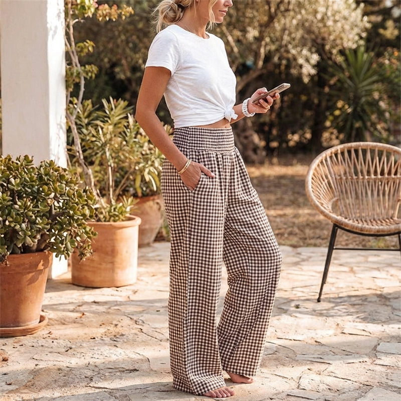⏳LETZTER TAG DES SALE – 50 % RABATT!🎁Gestreifte Gingham-Hose mit weitem Bein, hoher Taille und Taschen
