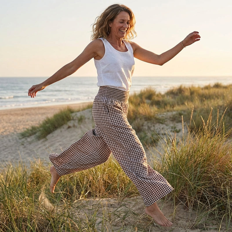 ⏳LETZTER TAG DES SALE – 50 % RABATT!🎁Gestreifte Gingham-Hose mit weitem Bein, hoher Taille und Taschen