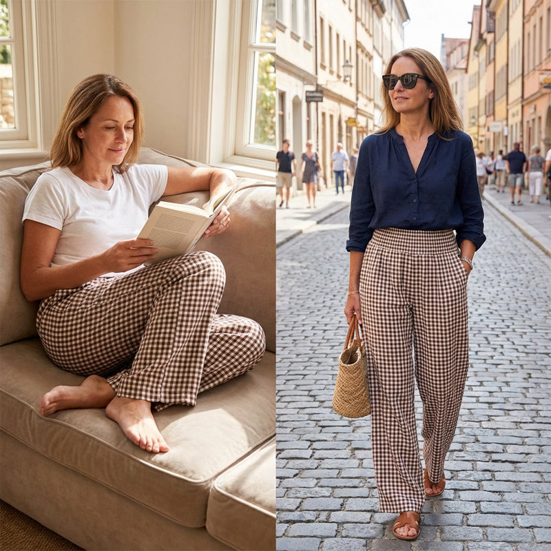 ⏳LETZTER TAG DES SALE – 50 % RABATT!🎁Gestreifte Gingham-Hose mit weitem Bein, hoher Taille und Taschen