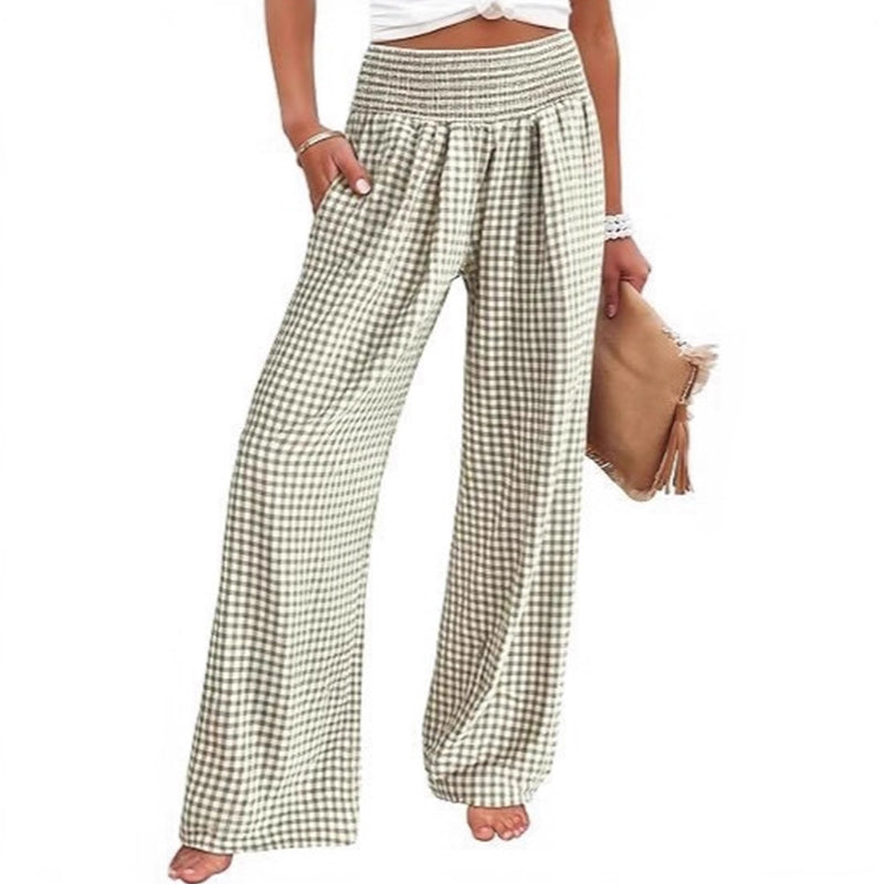 ⏳LETZTER TAG DES SALE – 50 % RABATT!🎁Gestreifte Gingham-Hose mit weitem Bein, hoher Taille und Taschen