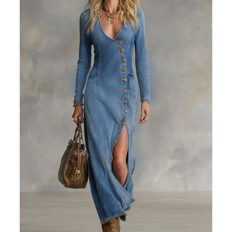 Gluschwein - 🐋Neu eingetroffen – 49 % reduziert!🥰Langärmliges Maxikleid mit V-Ausschnitt für Damen – Weicher Stoff, figurbetonte Passform & eleganter hoher Schlitz👗