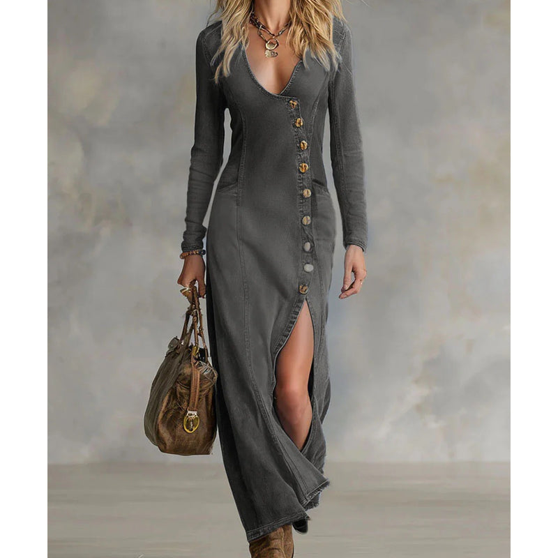 Gluschwein - 🐋Neu eingetroffen – 49 % reduziert!🥰Langärmliges Maxikleid mit V-Ausschnitt für Damen – Weicher Stoff, figurbetonte Passform & eleganter hoher Schlitz👗