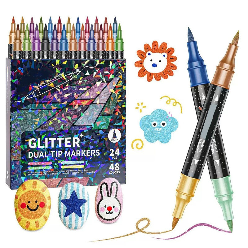 Gluschwein - 🎨 50% RABATT! ✨ 24-Farben Dual-Tip Glitzer-Marker Set – Glitter & Fine Tip, Lebendige Farben & Perfekt Für Kunst, Basteln & Handlettering 🖌️