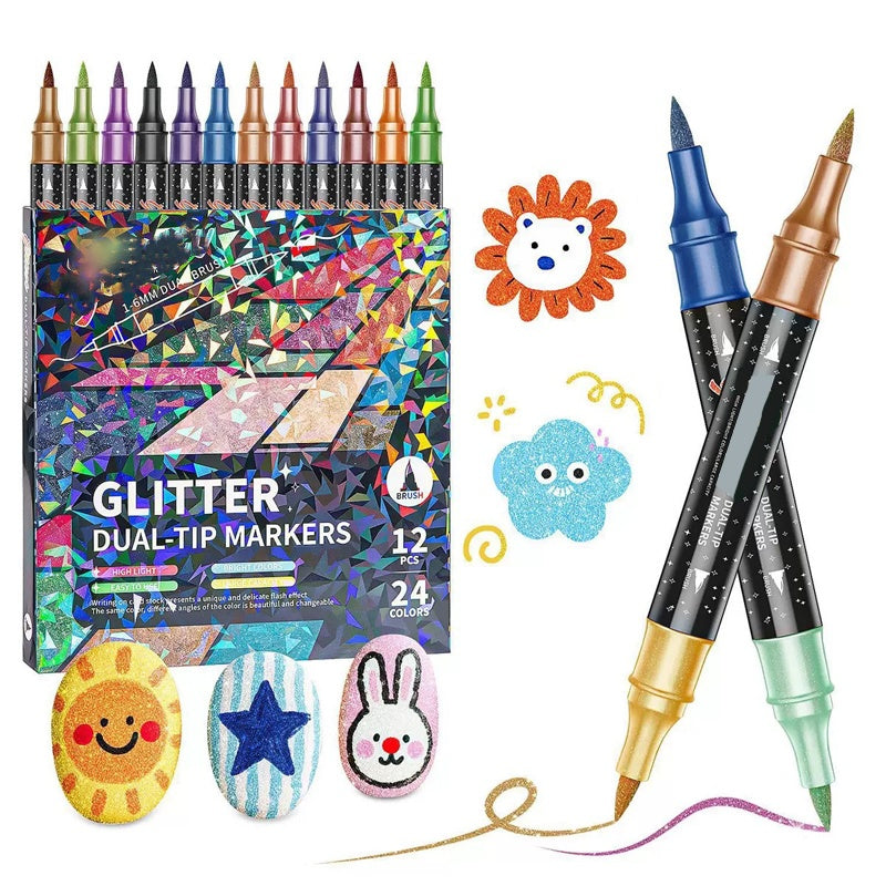 Gluschwein - 🎨 50% RABATT! ✨ 24-Farben Dual-Tip Glitzer-Marker Set – Glitter & Fine Tip, Lebendige Farben & Perfekt Für Kunst, Basteln & Handlettering 🖌️