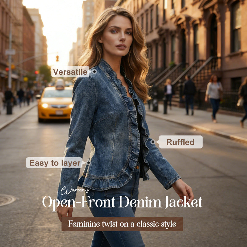 📢📢50 % RABATT !! ⏰Damen-Jeansjacke mit Rüschenbesatz und offenem Vorderteil – Leicht und feminin – Vielseitig und schick