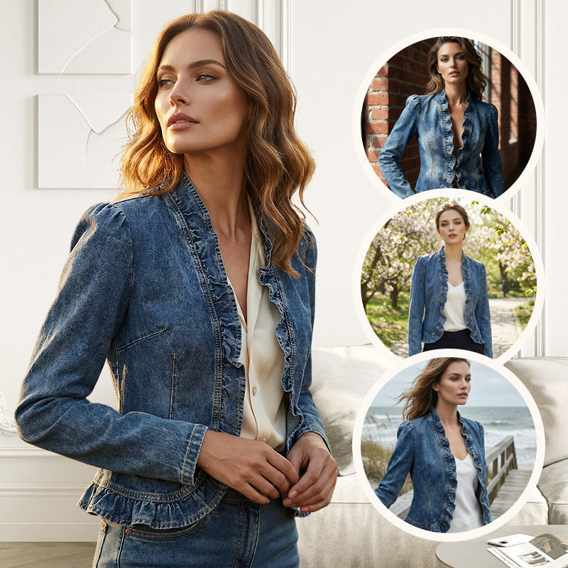📢📢50 % RABATT !! ⏰Damen-Jeansjacke mit Rüschenbesatz und offenem Vorderteil – Leicht und feminin – Vielseitig und schick