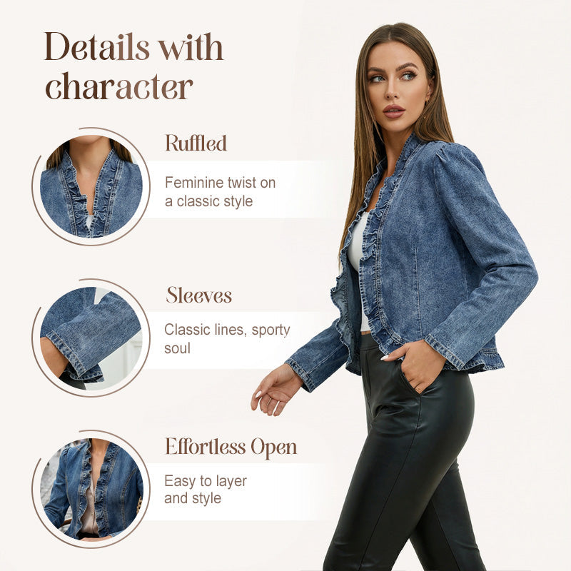 📢📢50 % RABATT !! ⏰Damen-Jeansjacke mit Rüschenbesatz und offenem Vorderteil – Leicht und feminin – Vielseitig und schick