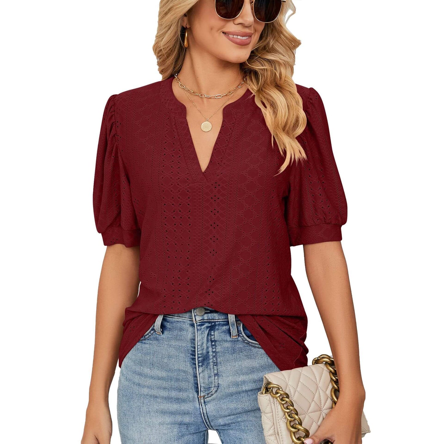 🌞Frühlingserwachen: 50% Rabatt!🎉Sommer-Chic: V-Ausschnitt Top mit Lochstickerei & femininen Puffärmeln