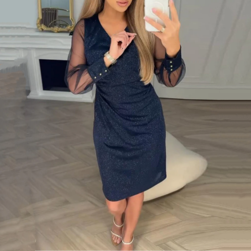 ⏰49% Rabatt – limited time! Damen Pailletten-Enganliegendes Kleid – Eleganter V-Ausschnitt | Tüllärmel | Must-have für jeden Anlass ✨