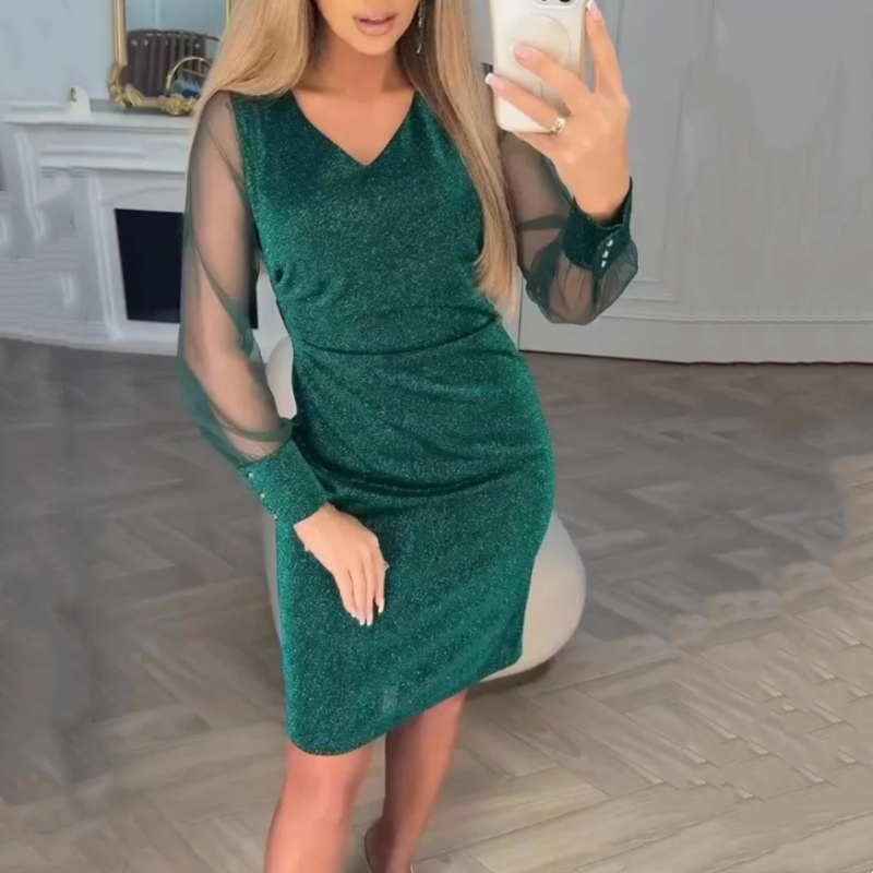 ⏰49% Rabatt – limited time! Damen Pailletten-Enganliegendes Kleid – Eleganter V-Ausschnitt | Tüllärmel | Must-have für jeden Anlass ✨