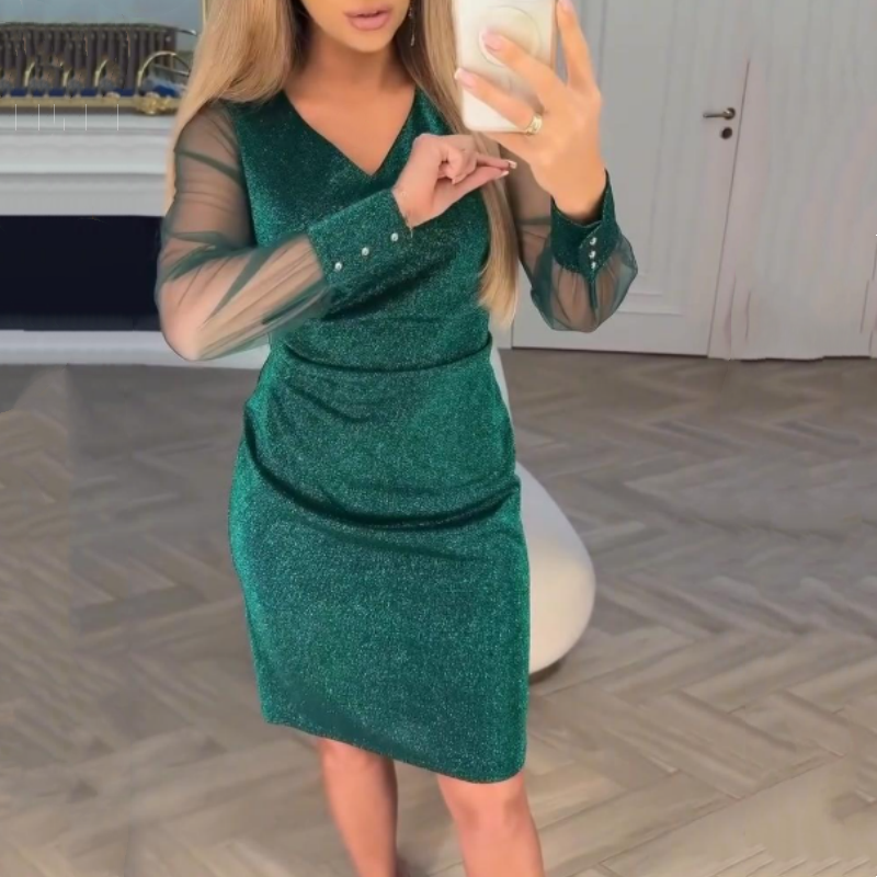 ⏰49% Rabatt – limited time! Damen Pailletten-Enganliegendes Kleid – Eleganter V-Ausschnitt | Tüllärmel | Must-have für jeden Anlass ✨