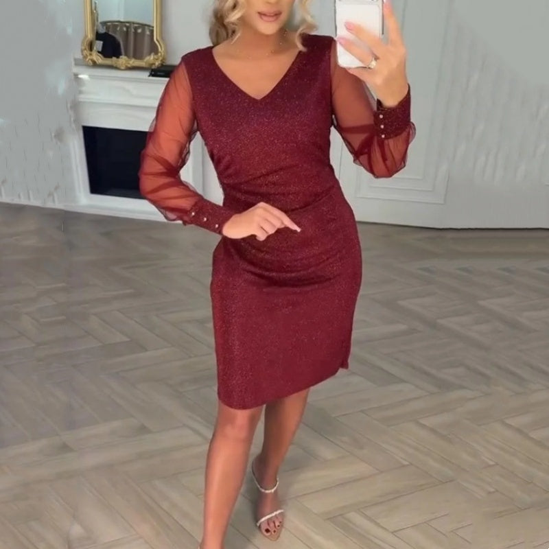 ⏰49% Rabatt – limited time! Damen Pailletten-Enganliegendes Kleid – Eleganter V-Ausschnitt | Tüllärmel | Must-have für jeden Anlass ✨