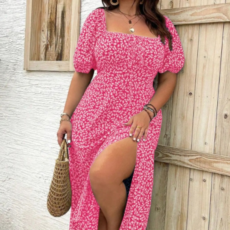 Gluschwein - 💖LETZTER TAG IM ANGEBOT: 50 % RABATT💐Kurzärmeliges Kleid mit Schlitz und Blumenmuster