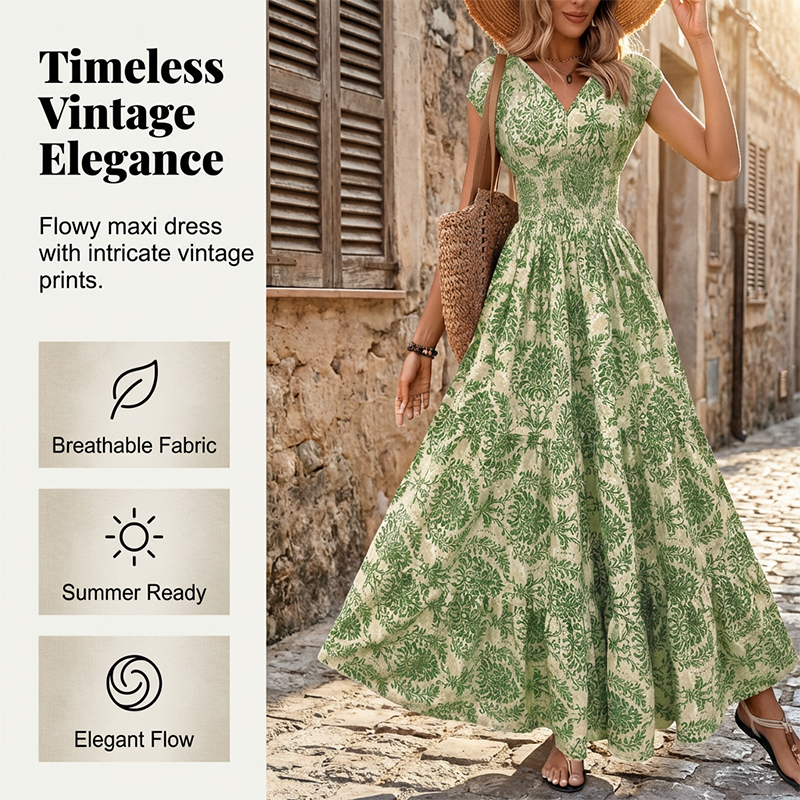 ✨🔥Damen Maxikleid mit V-Ausschnitt, Blumenmuster und geraffter Taille