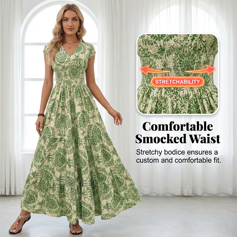 ✨🔥Damen Maxikleid mit V-Ausschnitt, Blumenmuster und geraffter Taille