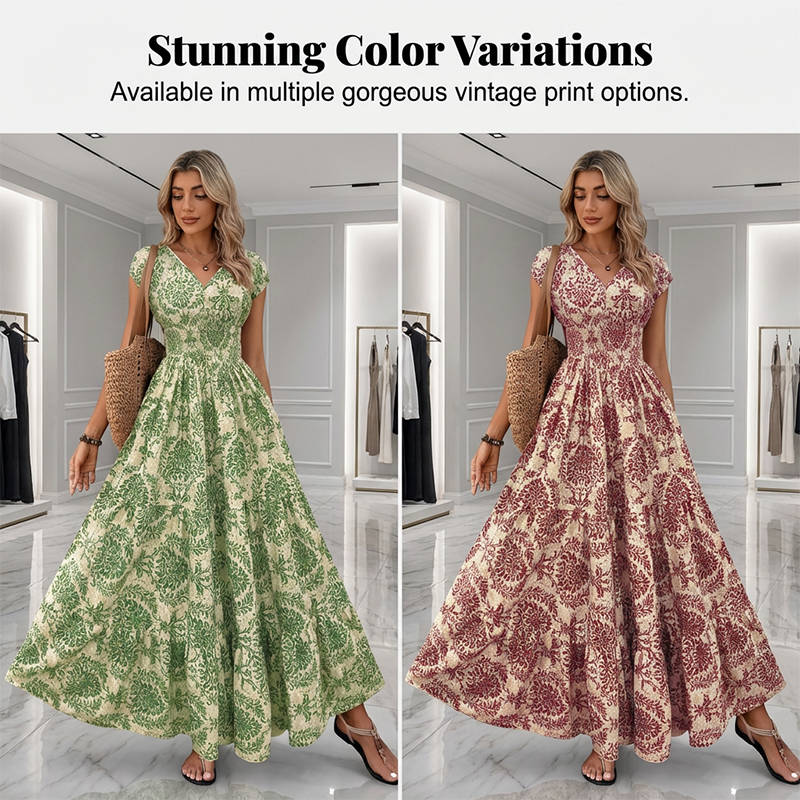 ✨🔥Damen Maxikleid mit V-Ausschnitt, Blumenmuster und geraffter Taille