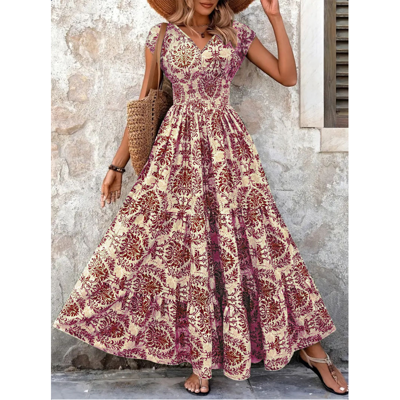 ✨🔥Damen Maxikleid mit V-Ausschnitt, Blumenmuster und geraffter Taille