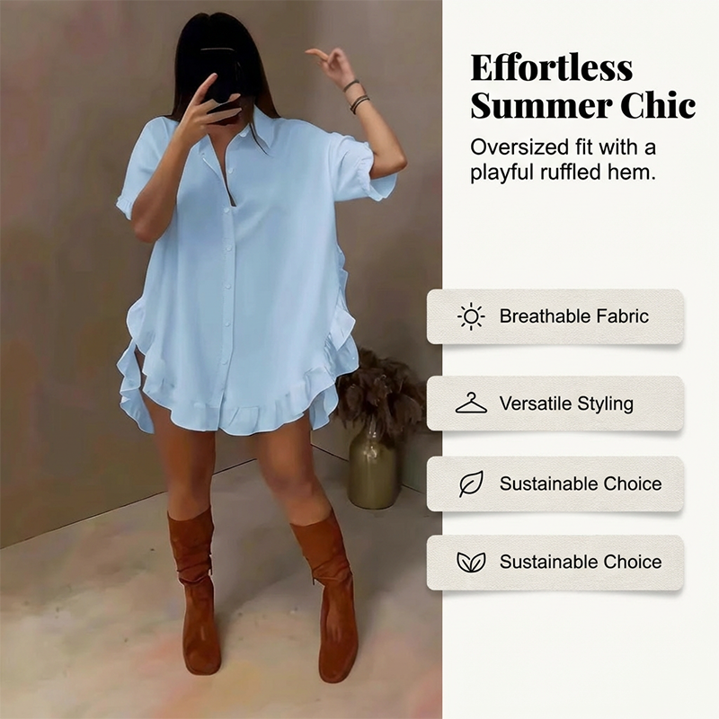 🔥Zeitlich begrenztes Angebot-Oversized-Minikleid für Damen mit Knopfleiste und Rüschen am Saum
