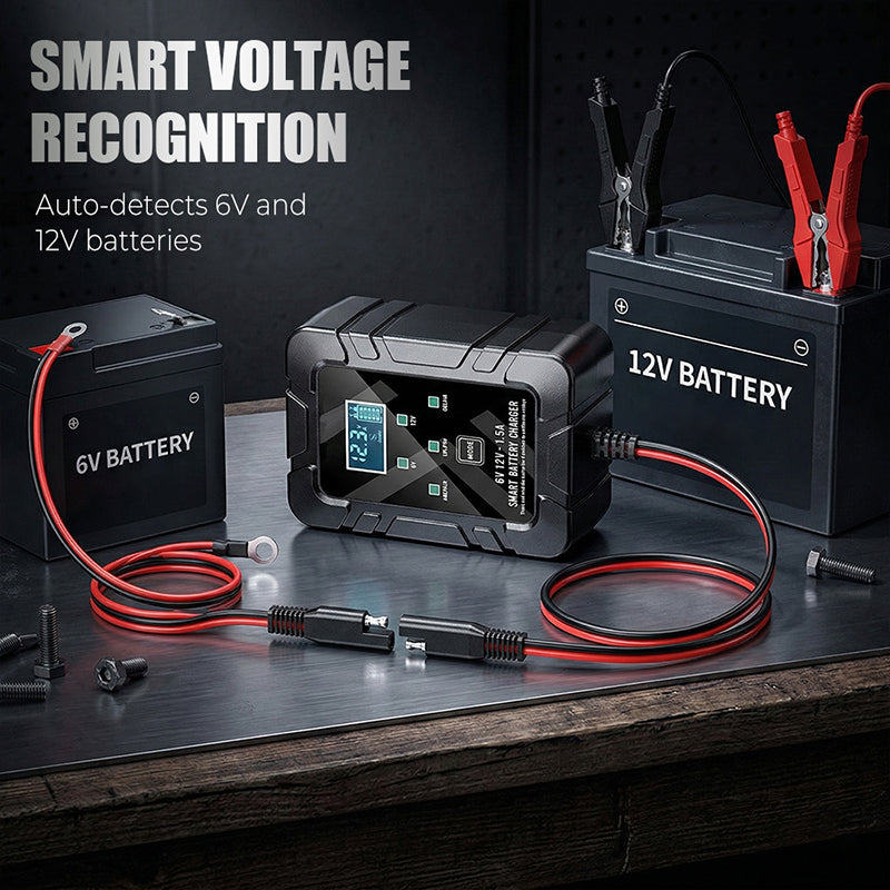 🔋⚡ Intelligentes Ladegerät | Automatische Spannungserkennung · Intelligenter Überladeschutz · Impulsregeneration · Mehrfachschutz · LCD-Display