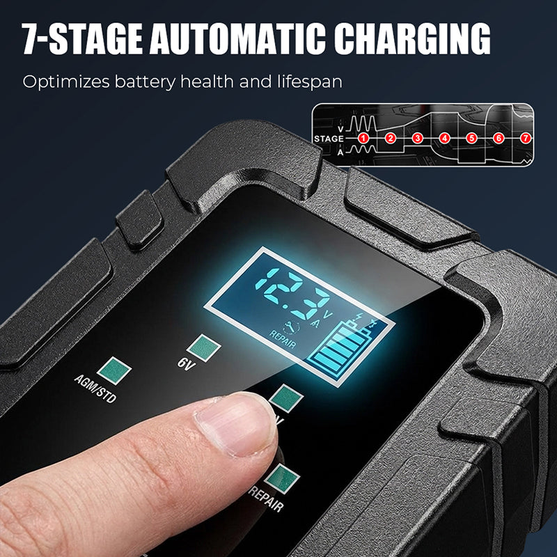 🔋⚡ Intelligentes Ladegerät | Automatische Spannungserkennung · Intelligenter Überladeschutz · Impulsregeneration · Mehrfachschutz · LCD-Display