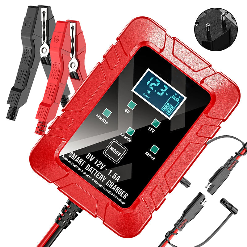 🔋⚡ Intelligentes Ladegerät | Automatische Spannungserkennung · Intelligenter Überladeschutz · Impulsregeneration · Mehrfachschutz · LCD-Display