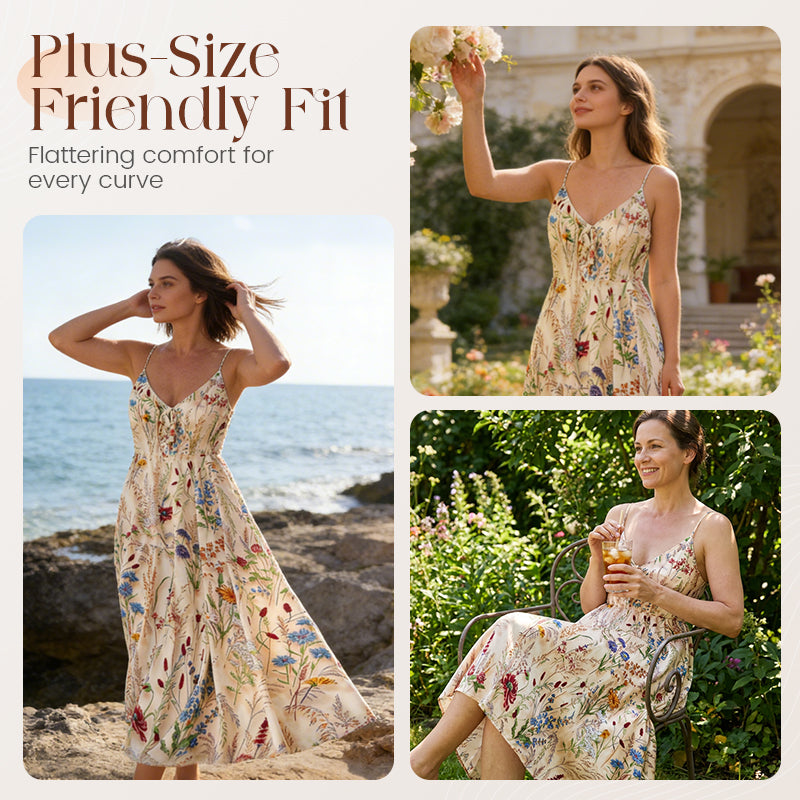💐Spring Hot Sale 49% OFF!!🌿🌸Plus Size Floral Print Spaghetti Strap Midi Dress