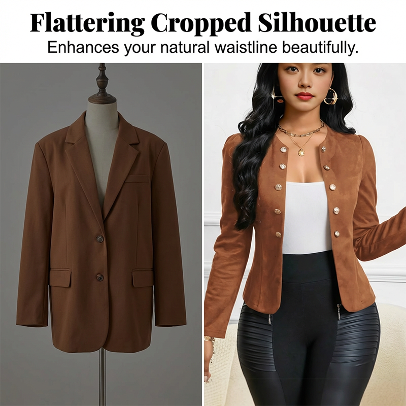 Gluschwein - 🌞Frühlingserwachen: 49% Rabatt!✨Damen Kragenlose Kunstwildleder-Jacke – Kurze Silhouette, Samtige Textur