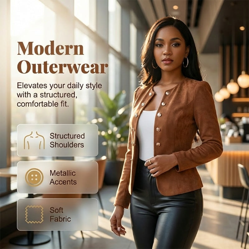 Gluschwein - 🌞Frühlingserwachen: 49% Rabatt!✨Damen Kragenlose Kunstwildleder-Jacke – Kurze Silhouette, Samtige Textur