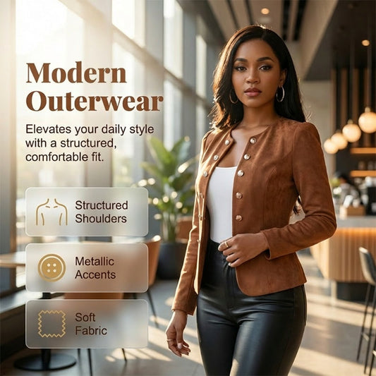 Gluschwein - 🌞Frühlingserwachen: 49% Rabatt!✨Damen Kragenlose Kunstwildleder-Jacke – Kurze Silhouette, Samtige Textur