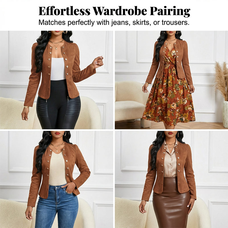 Gluschwein - 🌞Frühlingserwachen: 49% Rabatt!✨Damen Kragenlose Kunstwildleder-Jacke – Kurze Silhouette, Samtige Textur