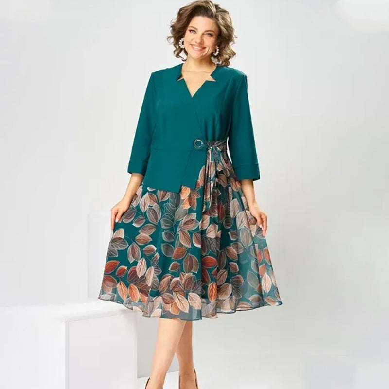 Gluschwein - Elegantes Fake-Zweiteiler-Kleid mit Blattprint ✨ Mühelose Eleganz, jederzeit und überall ✨