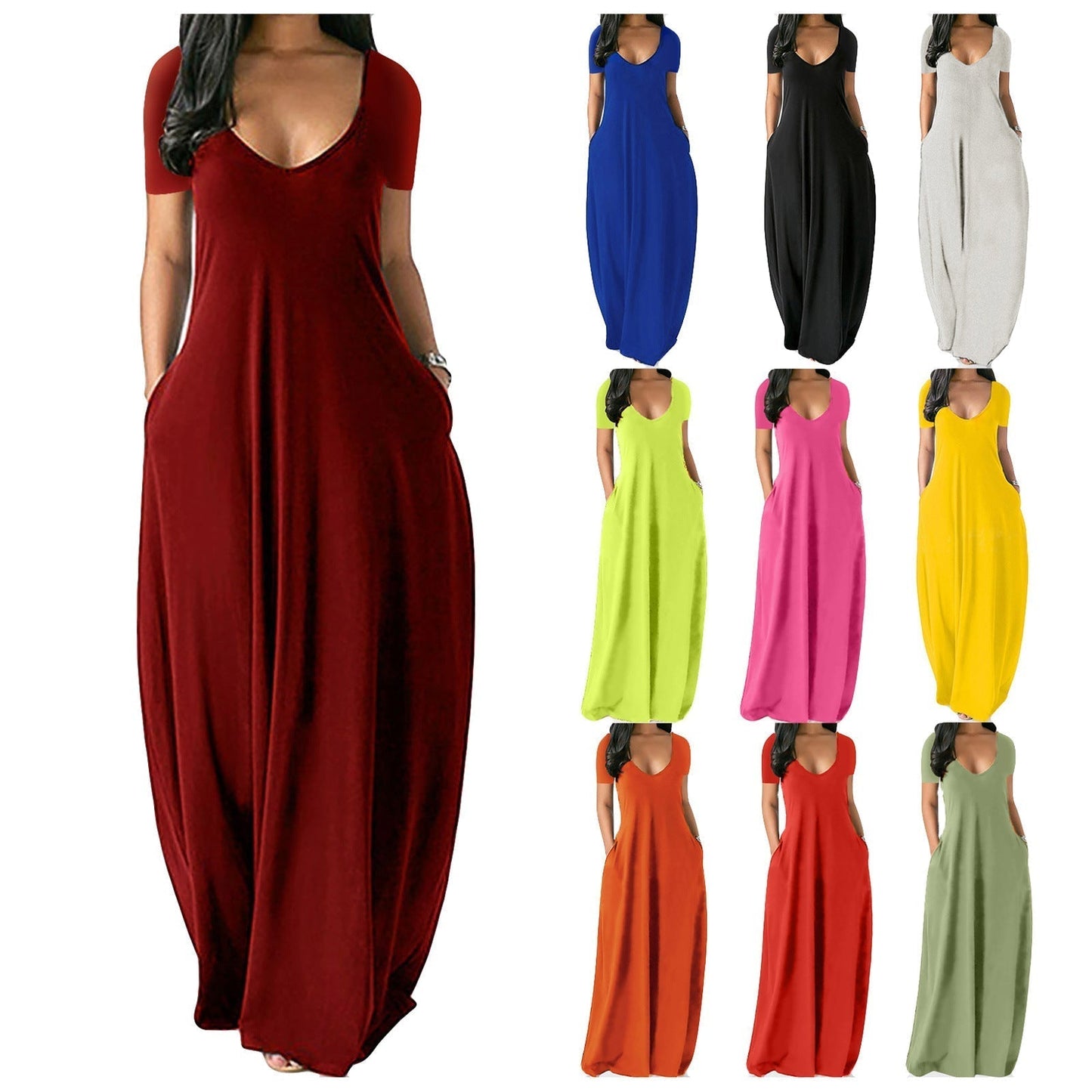 🌷Langes Freizeitkleid für Damen mit Rundhalsausschnitt, kurzen Ärmeln und weichem Stoff