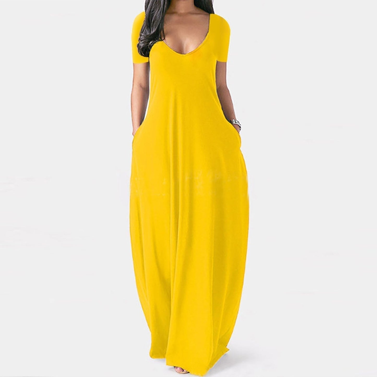 🌷Langes Freizeitkleid für Damen mit Rundhalsausschnitt, kurzen Ärmeln und weichem Stoff